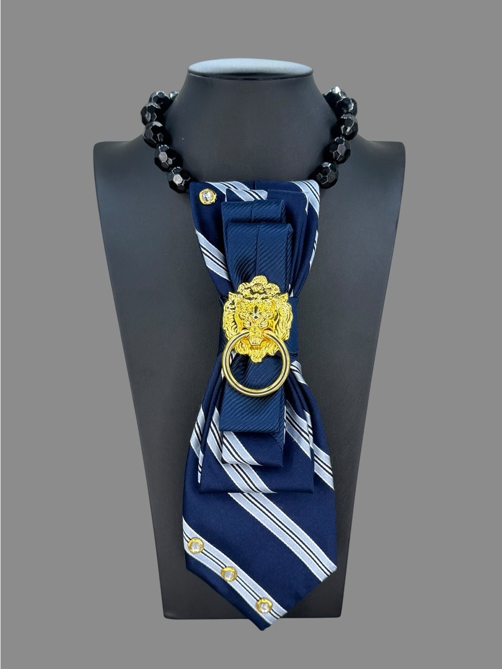 One-of-a-Kind Upcycled Navy Necktie Statement Piece | Gold Lion Hardware | Weara